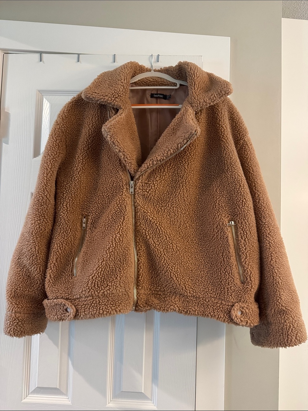 boohoo Camel Teddy Zip-Front Jacket